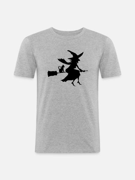Sorcière et Chat - T-shirt près du corps Homme - gris chiné