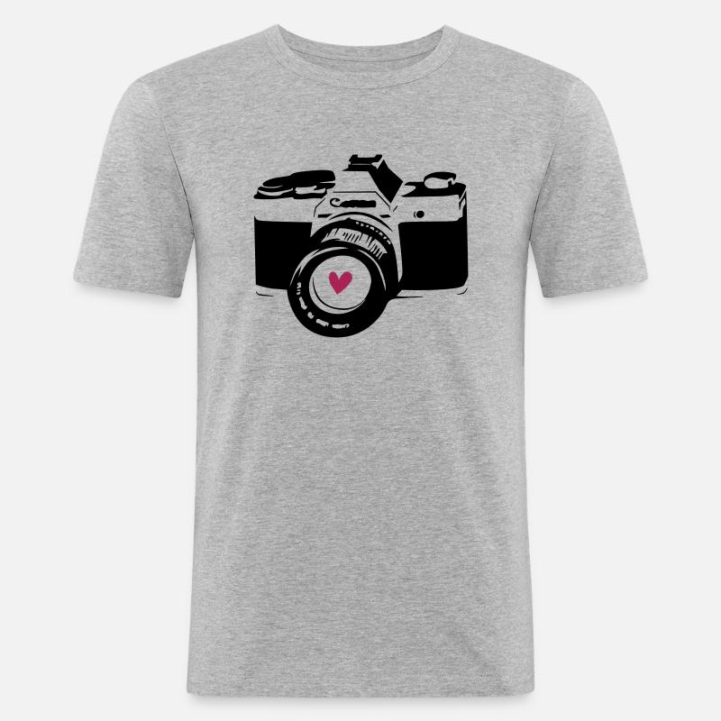 Kamera schwarz mit Herz - Männer Slim Fit T-Shirt - Grau meliert