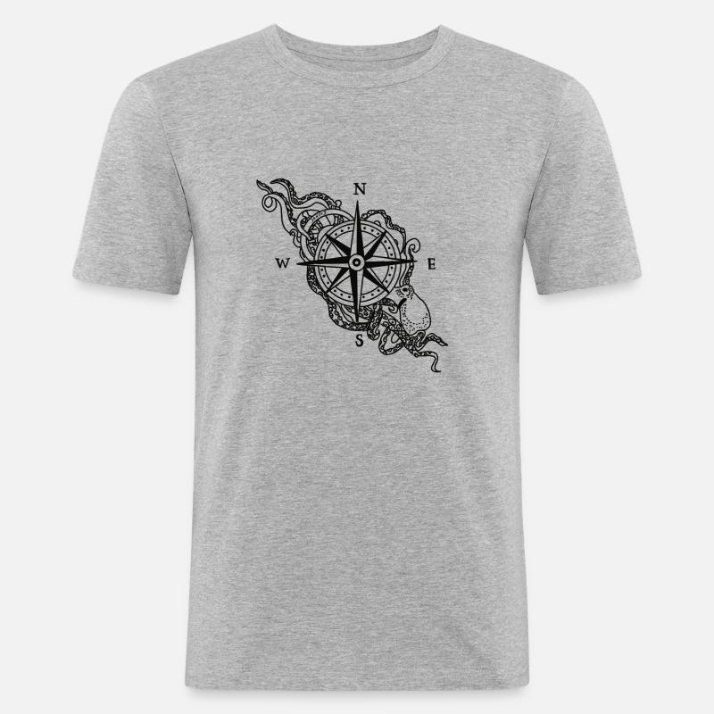 Kompass Krake - Männer Slim Fit T-Shirt - Grau meliert