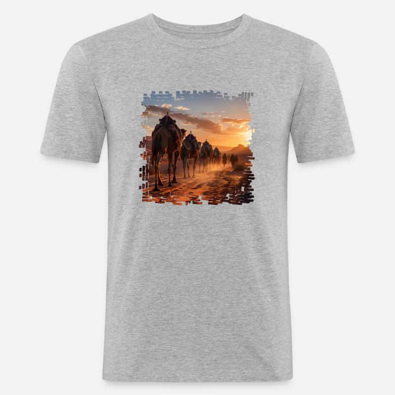 Eine Kamelkarawane in der Wüste - Männer Slim Fit T-Shirt - Grau meliert