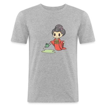 Geisha Chibi mit Teekanne - Männer Slim Fit T-Shirt - Grau meliert - Vorne - Nik (191cm)