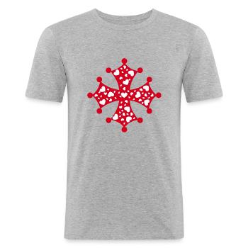 Croix Occitane Coeur - T-shirt près du corps Homme - gris chiné - Devant - Nik (191cm)