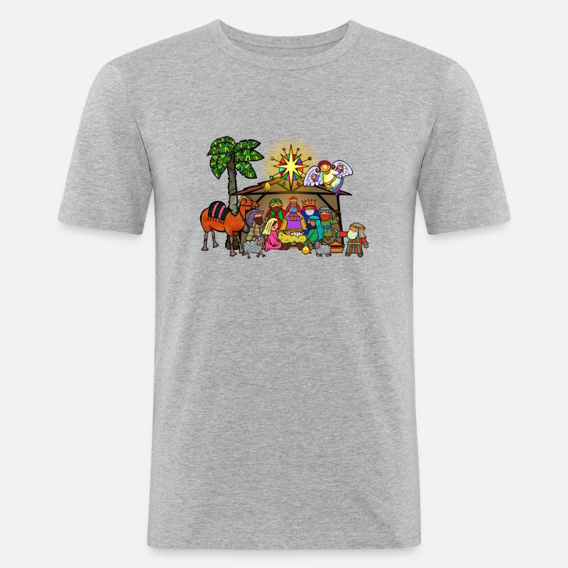 Weihnachtskrippe - Männer Slim Fit T-Shirt - Grau meliert