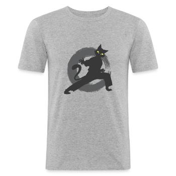 Katze Kater Cartoon Geschenk Kinder Comic Karate - Männer Slim Fit T-Shirt - Grau meliert - Vorne - Nik (191cm)