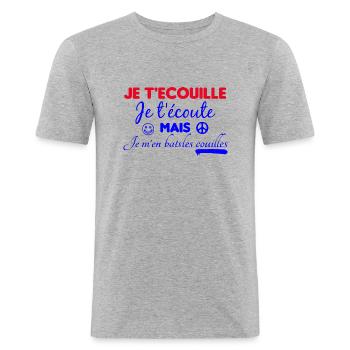 T shirt je t'écouille je t'écoute - T-shirt près du corps Homme - gris chiné - Devant - Nik (191cm)
