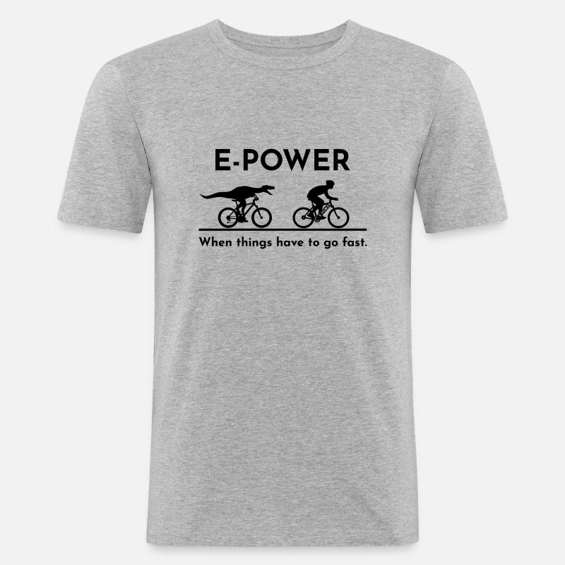 Velociraptor chasing e-biker - Männer Slim Fit T-Shirt - Grau meliert