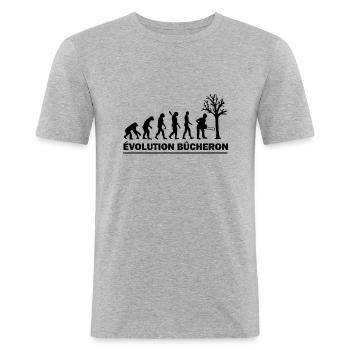 evolution bûcheron / cadeau humour bucheron - T-shirt près du corps Homme - gris chiné - Devant - Nik (191cm)
