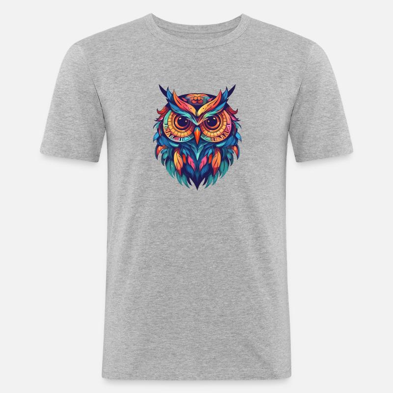 Indie-style Eule mit bunten Federn - Männer Slim Fit T-Shirt - Grau meliert