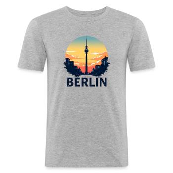 Berlin mit Fernsehturm Sonnenuntergang - Männer Slim Fit T-Shirt - Grau meliert - Vorne - Nik (191cm)