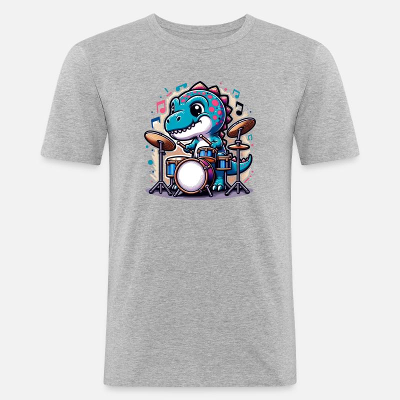 Cooler T-Rex Dinosaurier Drummer - Männer Slim Fit T-Shirt - Grau meliert