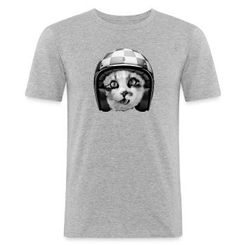 Casque de course de chat motard - Humour drôle d’animaux de compagnie - T-shirt près du corps Homme - gris chiné - Devant - Nik (191cm)