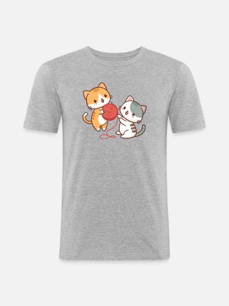 Kätzchen und Kawaii-Ball - Männer Slim Fit T-Shirt - Grau meliert