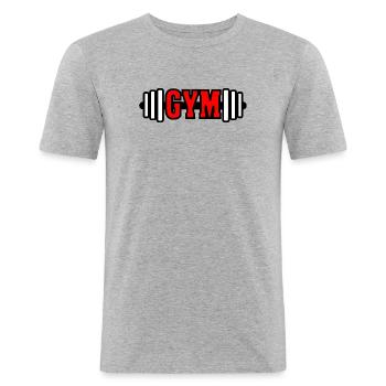 Red text 'GYM' gym gym emblem - Men's Slim Fit T-Shirt - heather grey - Front - Nik (191cm)
