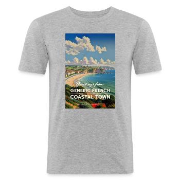 Carte postale générique de la ville côtière française - T-shirt près du corps Homme - gris chiné - Devant - Nik (191cm)