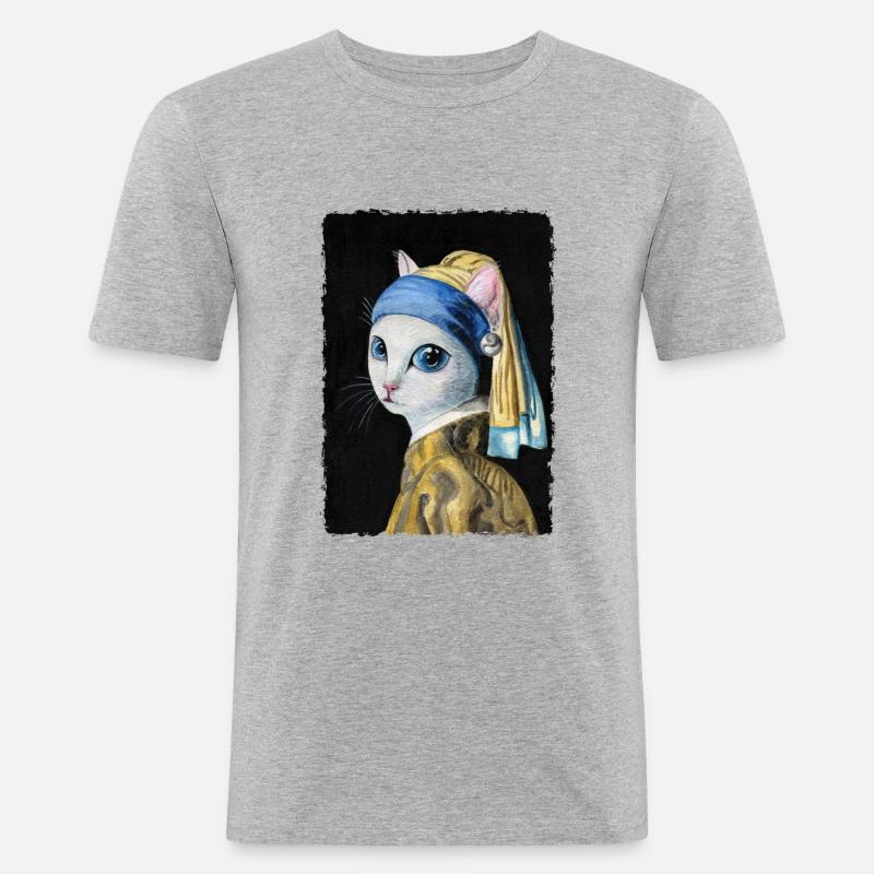 Katze mit Perlenohrring - Männer Slim Fit T-Shirt - Grau meliert
