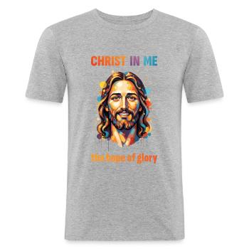 Christus in mir – Hoffnung der Herrlichkeit - Männer Slim Fit T-Shirt - Grau meliert - Vorne - Nik (191cm)