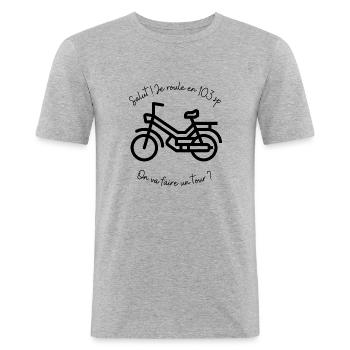 Salut ! Je roule en 103 sp. On va faire un tour ? - T-shirt près du corps Homme - gris chiné - Devant - Nik (191cm)