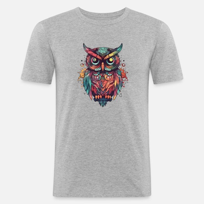Sitzende Eule bunt Uhu - Männer Slim Fit T-Shirt - Grau meliert