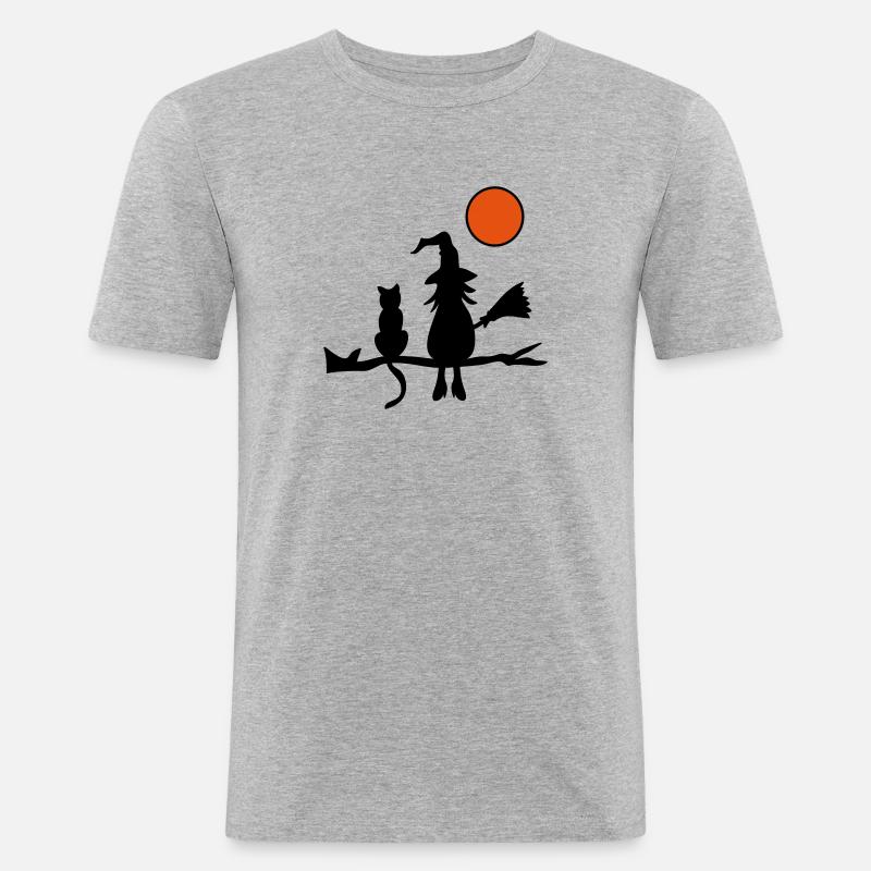 Hexe mit Katze - Männer Slim Fit T-Shirt - Grau meliert