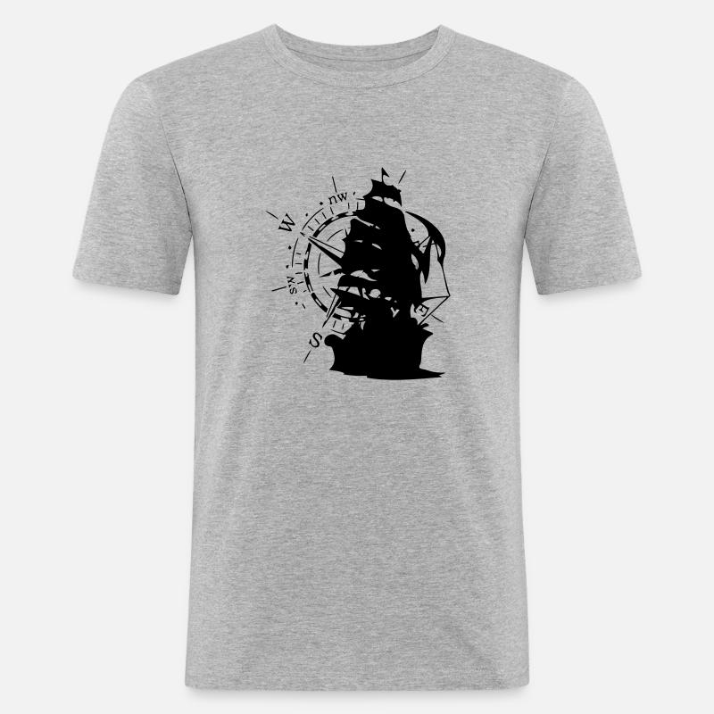 WindRose mit Segelschiff | Freizeimode Bstyled - Männer Slim Fit T-Shirt - Grau meliert