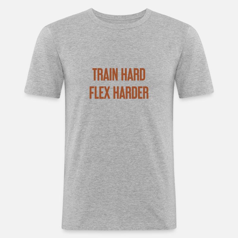 Train Hard Flex Harder - Männer Slim Fit T-Shirt - Grau meliert