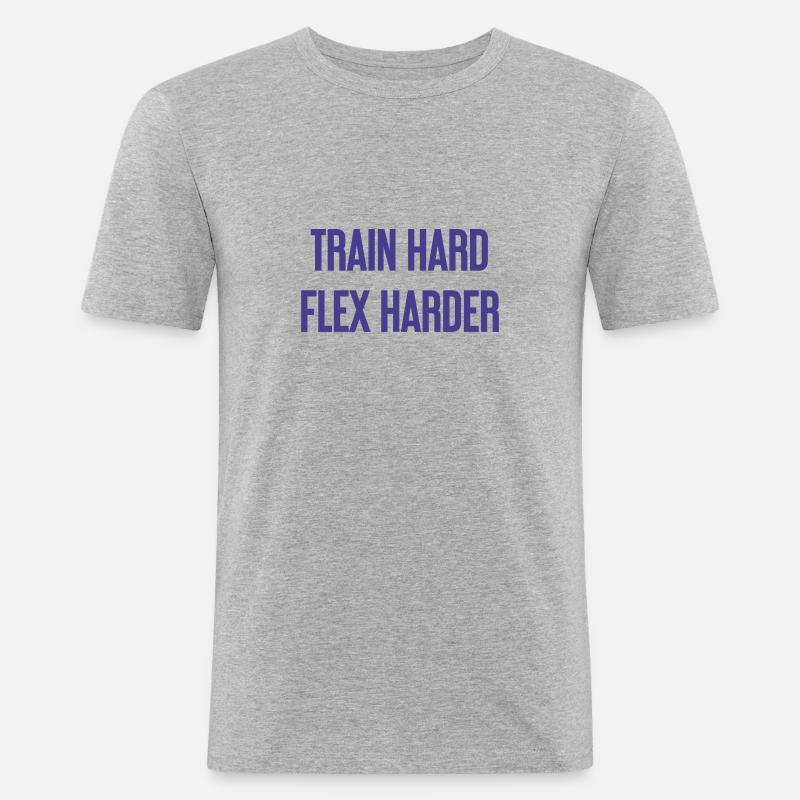 Train Hard Flex Harder - Männer Slim Fit T-Shirt - Grau meliert