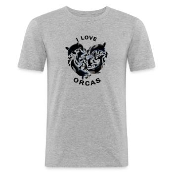 Orques, Orques, Poissons, Cœur, J’aime les orques - T-shirt près du corps Homme - gris chiné - Devant - Nik (191cm)