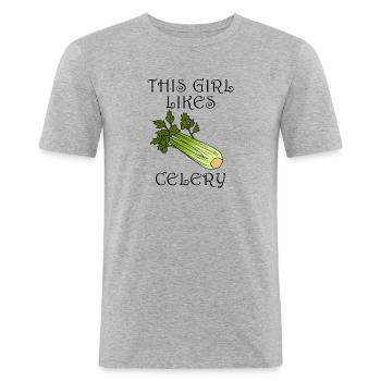 Fille mangeant du céleri, citation ironique, - T-shirt près du corps Homme - gris chiné - Devant - Nik (191cm)