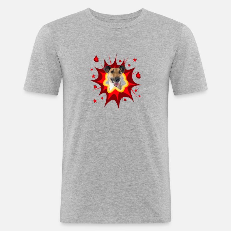 Comic Hund Design - Pow - Foxterrier - Männer Slim Fit T-Shirt - Grau meliert
