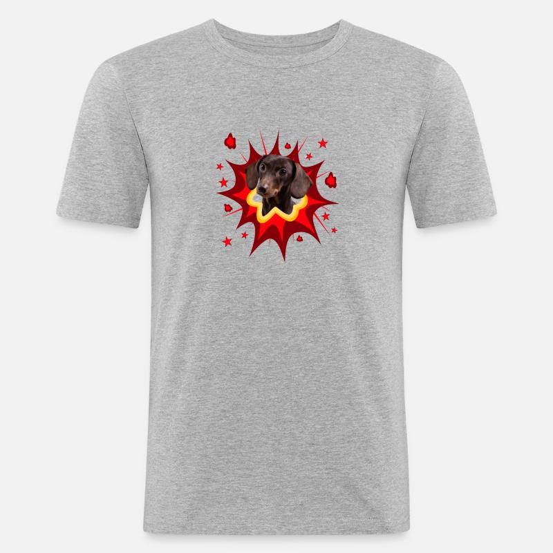 Comic Hund Design - Pow - Dackel - Männer Slim Fit T-Shirt - Grau meliert