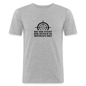 Bei mir steht der Mensch im Mittelpunkt Lustig - Männer Slim Fit T-Shirt - Grau meliert - Vorne - Nik (191cm)