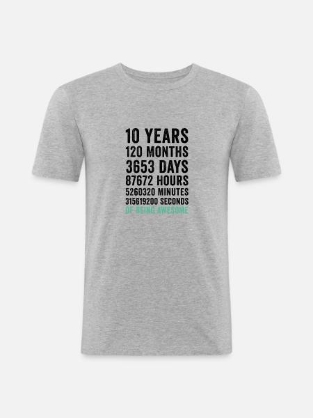 Birthday 10 Years Of Being Awesome - Mannen slim fit T-shirt - grijs gemêleerd