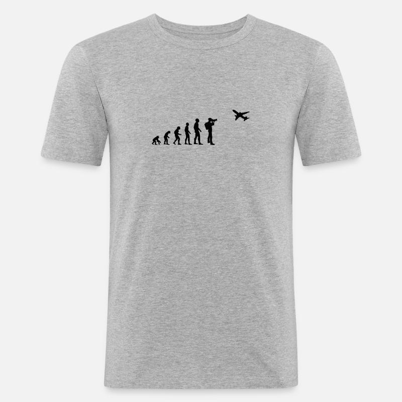 Flugzeug Planespotter Evolution Fotograf Geschenk - Männer Slim Fit T-Shirt - Grau meliert