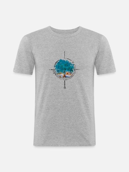 Bussola con riflesso ad albero - versione ad acquerello - Maglietta aderente da uomo - grigio melange
