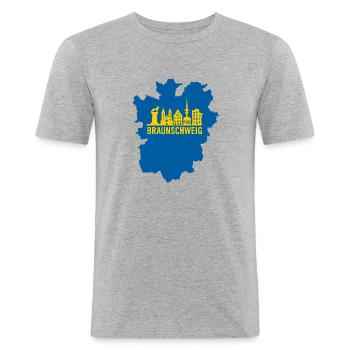 Geometrische Skyline – Blau-Gelb - Männer Slim Fit T-Shirt - Grau meliert - Vorne - Nik (191cm)