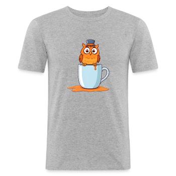 Skurrile Eule sitzt auf blauem Becher - Männer Slim Fit T-Shirt - Grau meliert - Vorne - Nik (191cm)