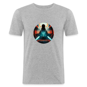 Leila Spaceship Retro - Männer Slim Fit T-Shirt - Grau meliert - Vorne - Nik (191cm)