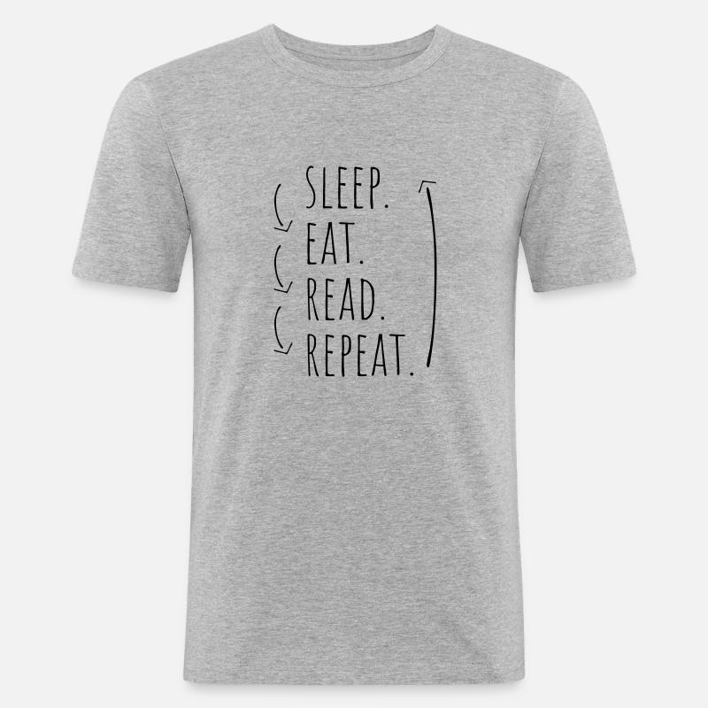 "Sleep. Eat. Read. Repeat." Pfeile - Männer Slim Fit T-Shirt - Grau meliert