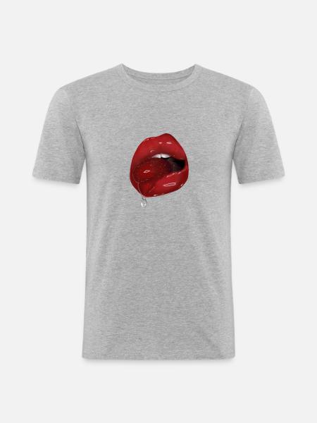 Red glossy Lips Strawberry - Männer Slim Fit T-Shirt - Grau meliert