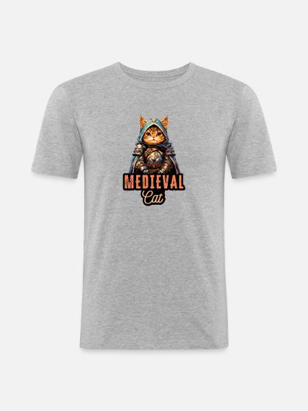 Mittelalterliche Katze: Fantasy-Rüstungsdesign - Männer Slim Fit T-Shirt - Grau meliert