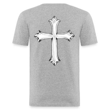 Kreuz - Männer Slim Fit T-Shirt - Grau meliert - Hinten - Nik (191cm)
