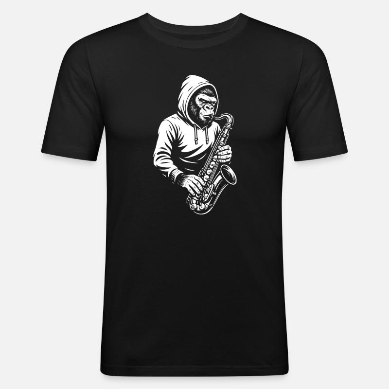 Affe im Kapuzenpullover Saxophon Design - Männer Slim Fit T-Shirt - Schwarz