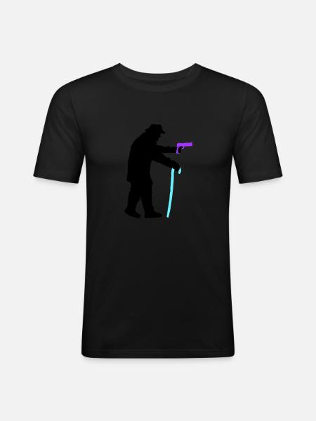 Grandpa robber silhouette with walking stick and gun - Men's Slim Fit T-Shirt - black