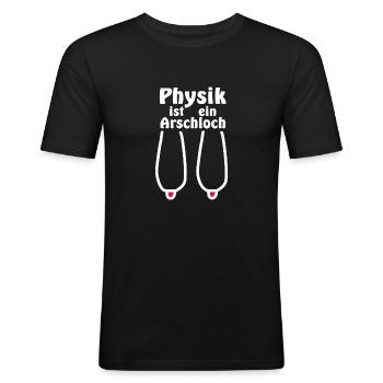 Physik ist ein Arschloch Hängebrüste, Hängetitten - Männer Slim Fit T-Shirt - Schwarz - Vorne - Nik (191cm)