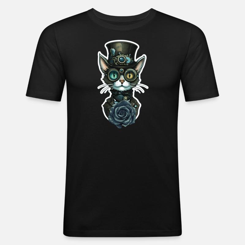 Steampunk Katze schwarze Rose Gothic - Männer Slim Fit T-Shirt - Schwarz
