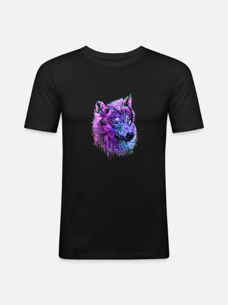 Neon Wolf's head pink/purple/blue in side view - Men's Slim Fit T-Shirt - black