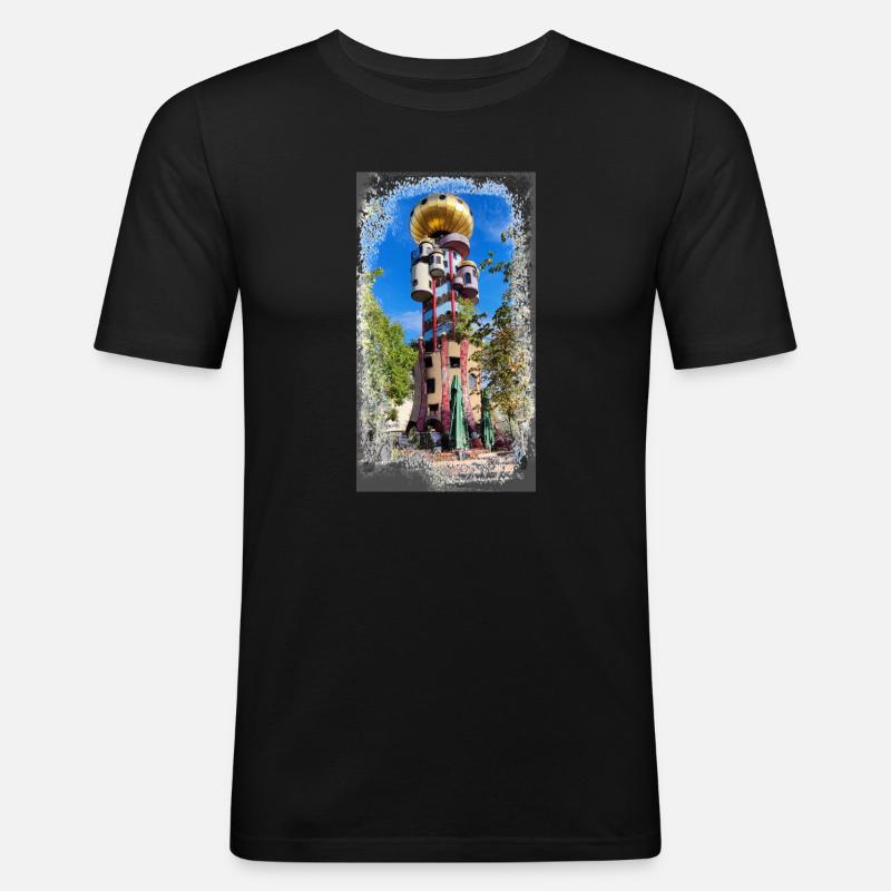 Hundertwasserturm beim Kuchlbauer - Männer Slim Fit T-Shirt - Schwarz