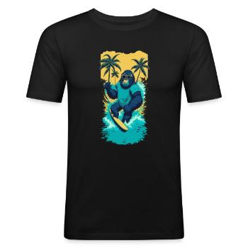 Surf Gorilla: L’illustration de la vague rétro - T-shirt près du corps Homme - noir - Devant - Nik (191cm)