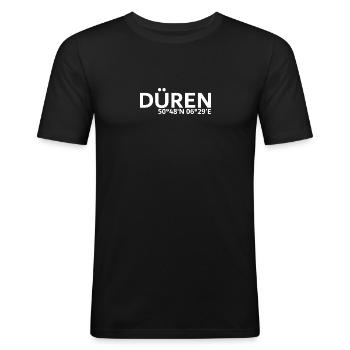 Düren Koordinaten - Männer Slim Fit T-Shirt - Schwarz - Vorne - Nik (191cm)