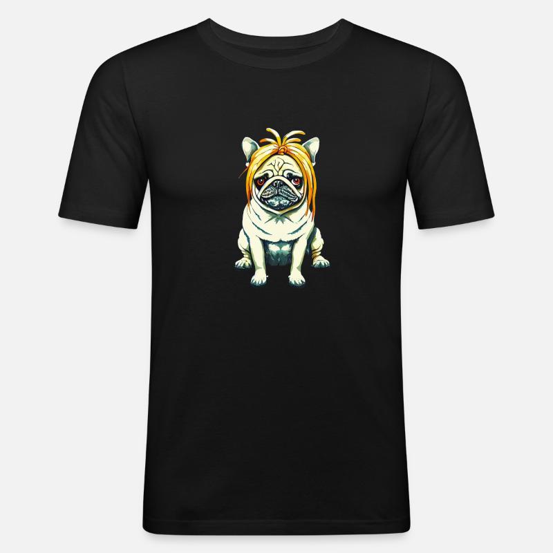 Mops mit Perücke #PugLife - Männer Slim Fit T-Shirt - Schwarz